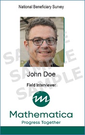 Rectangular sample Mathematica badge with interviewer photo in center, National Beneficiary Survey at top, and interviewer name, title, and green company logo at bottom